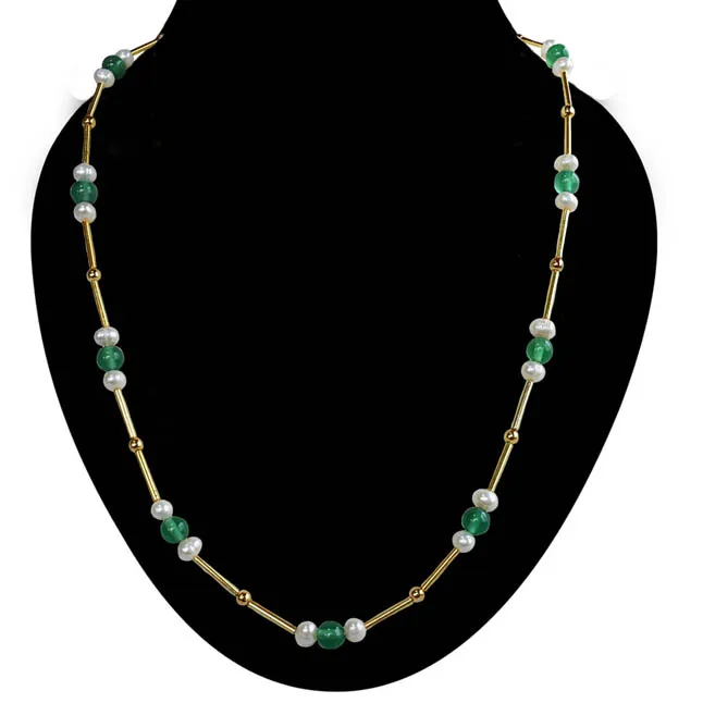 Real Pearl, Green Onyx & Gold Plated Pipe & Beads Single Line Necklace for Women (SN1080)