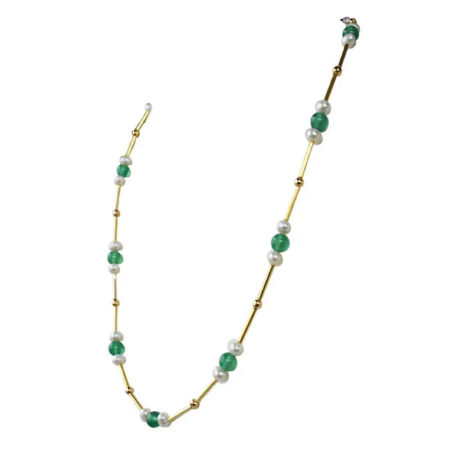 Real Pearl, Green Onyx & Gold Plated Pipe & Beads Single Line Necklace for Women (SN1080)