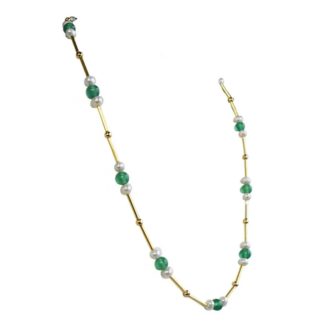 Real Pearl, Green Onyx & Gold Plated Pipe & Beads Single Line Necklace for Women (SN1080)