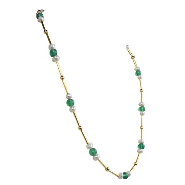 Unlock Timeless Elegance: The Real Pearl, Green Onyx & Gold Plated Necklace Awaits (SN1080)