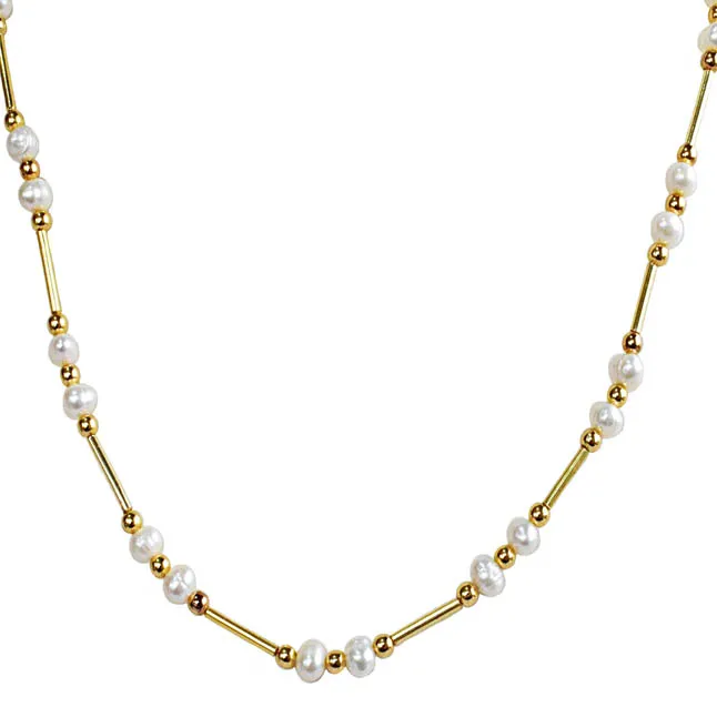 Real Pearl & Gold Plated Pipe & Beads Single Line Necklace for Women (SN1081)