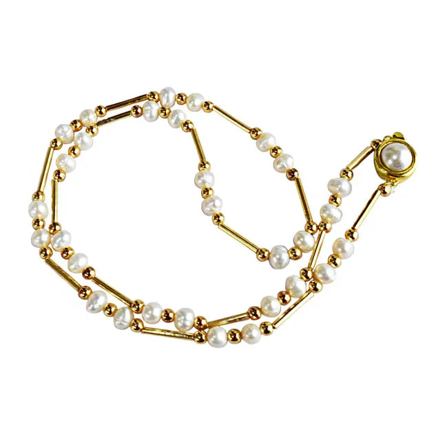 Real Pearl & Gold Plated Pipe & Beads Single Line Necklace for Women (SN1081)