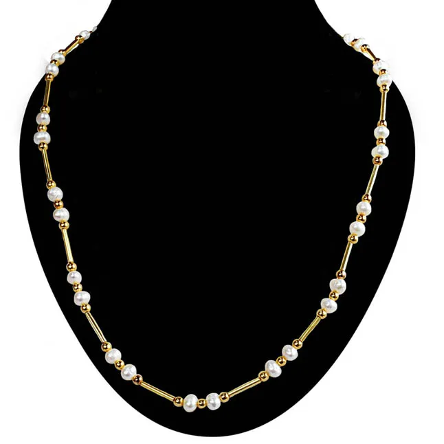 Real Pearl & Gold Plated Pipe & Beads Single Line Necklace for Women (SN1081)