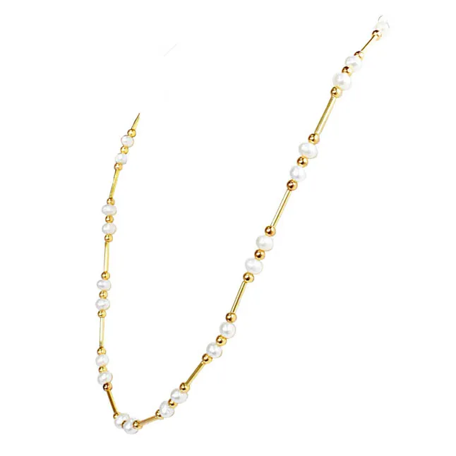 Real Pearl & Gold Plated Pipe & Beads Single Line Necklace for Women (SN1081)