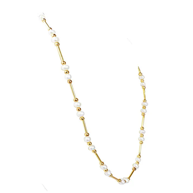 Real Pearl & Gold Plated Pipe & Beads Single Line Necklace for Women (SN1081)