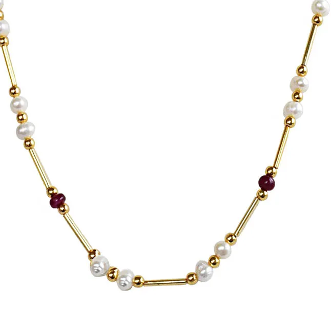Unlock the Secret to Timeless Beauty: The Real Pearl, Red Ruby, and Gold Plated Necklace Awaits You (SN1082)