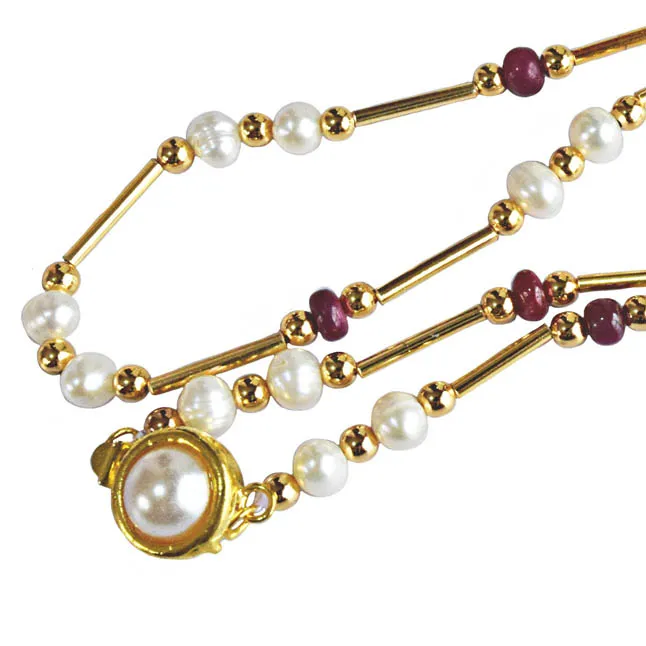 Unlock the Secret to Timeless Beauty: The Real Pearl, Red Ruby, and Gold Plated Necklace Awaits You (SN1082)