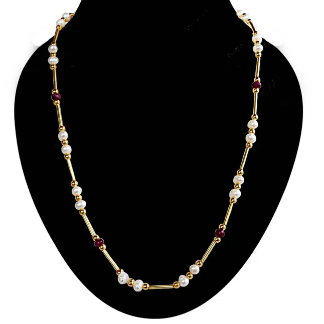 Unlock the Secret to Timeless Beauty: The Real Pearl, Red Ruby, and Gold Plated Necklace Awaits You (SN1082)