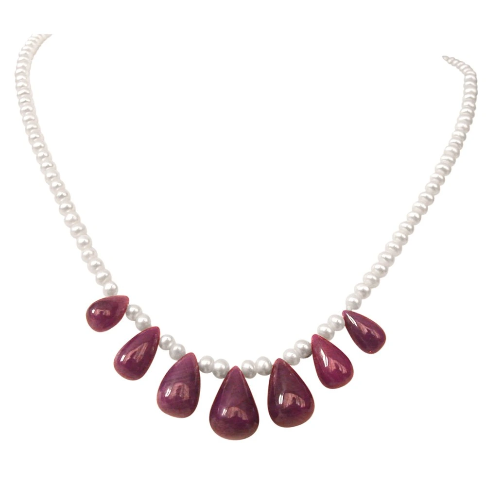 Bright Beauty - 7 Real Drop Ruby & Freshwater Pearl Necklace for Women (SN109)