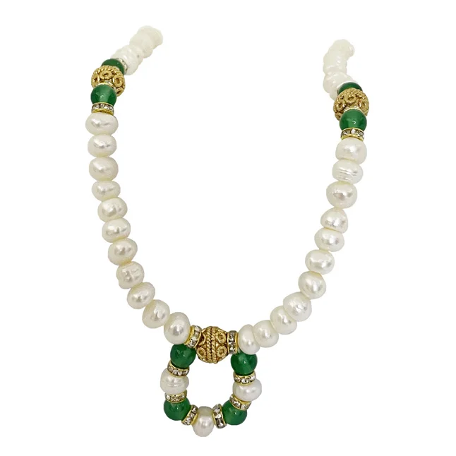 Enchanted Elegance: Button Pearl & Green Onyx Gold-Plated Necklace (SN1092)