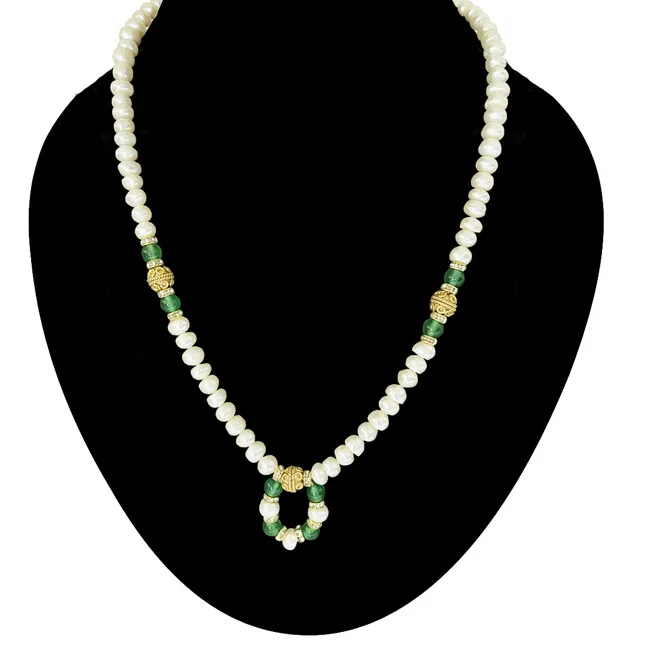 Enchanted Elegance: Button Pearl & Green Onyx Gold-Plated Necklace (SN1092)