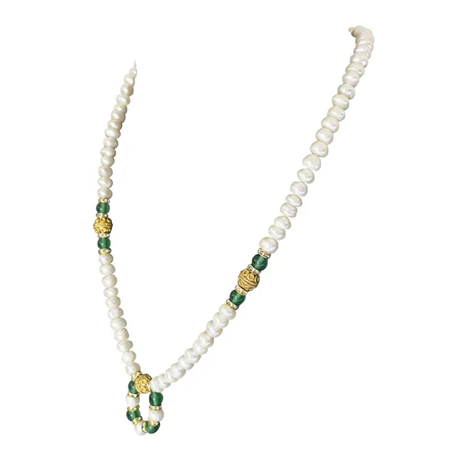 Enchanted Elegance: Button Pearl & Green Onyx Gold-Plated Necklace (SN1092)