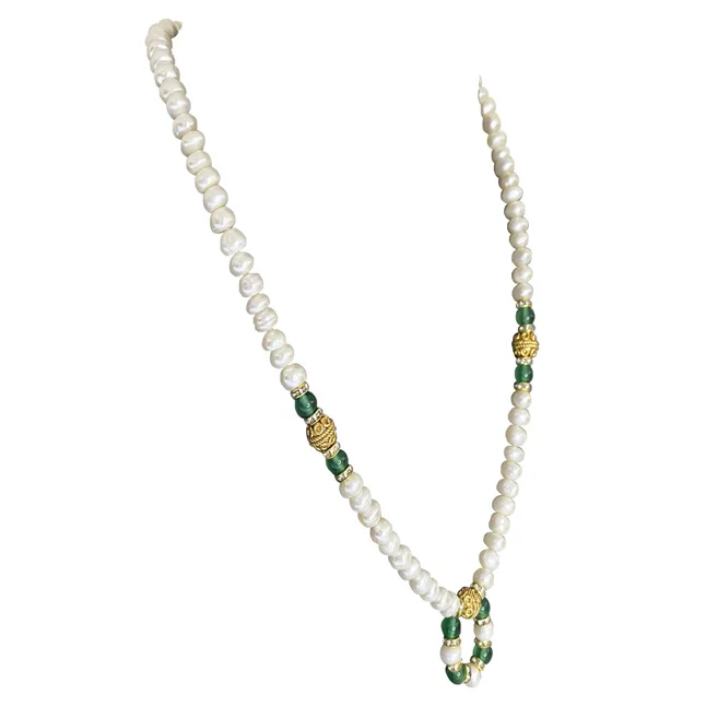 Enchanted Elegance: Button Pearl & Green Onyx Gold-Plated Necklace (SN1092)