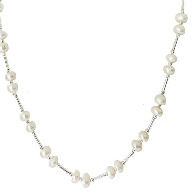 Moonlit Symphony: The Enchanted Pearl & Silver Plated Pipe Necklace (SN1094)