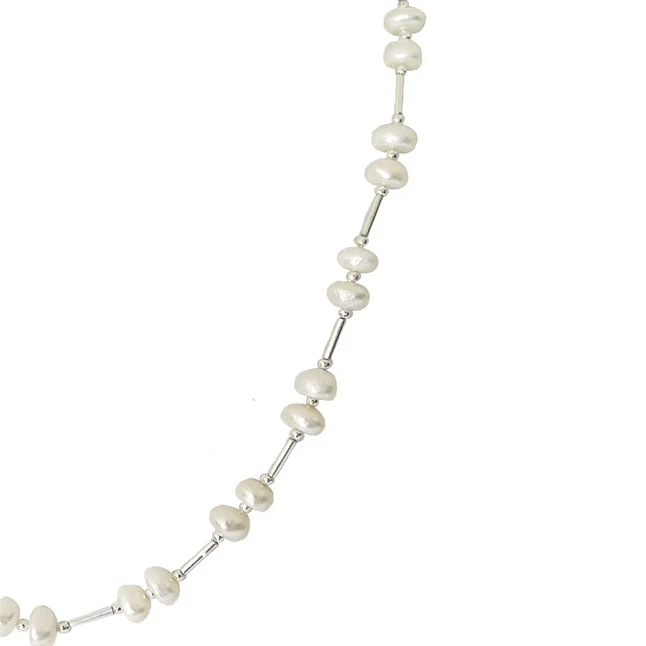 Moonlit Symphony: The Enchanted Pearl & Silver Plated Pipe Necklace (SN1094)