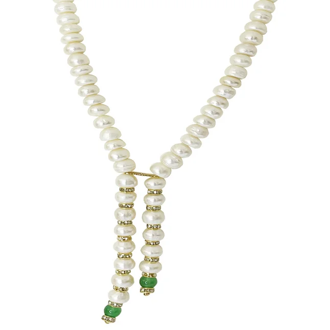 Pearl Cascade: Button Pearl & Green Onyx Beads Glamour Necklace (SN1095)