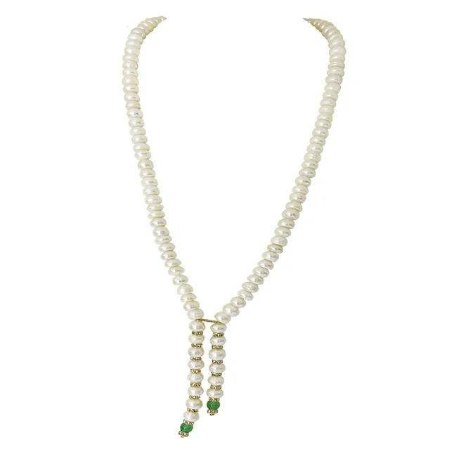 Pearl Cascade: Button Pearl & Green Onyx Beads Glamour Necklace (SN1095)