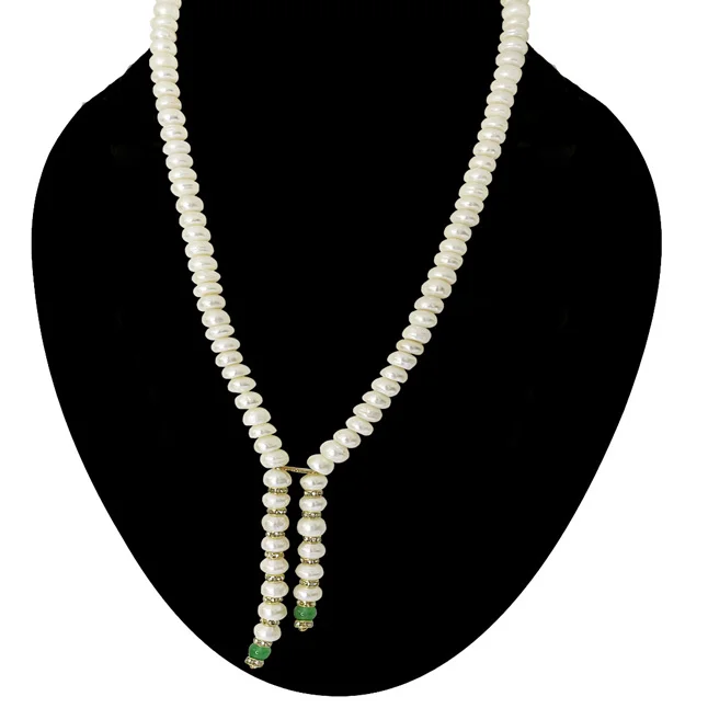 Pearl Cascade: Button Pearl & Green Onyx Beads Glamour Necklace (SN1095)