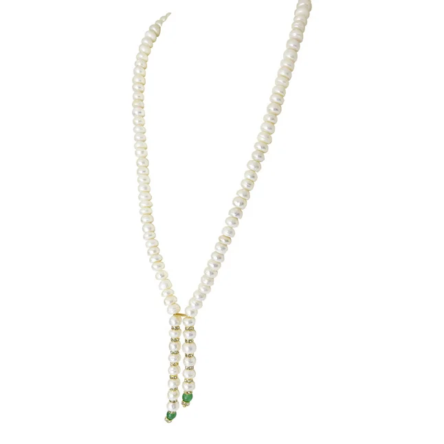 Pearl Cascade: Button Pearl & Green Onyx Beads Glamour Necklace (SN1095)