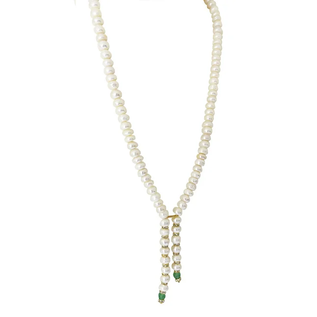 Pearl Cascade: Button Pearl & Green Onyx Beads Glamour Necklace (SN1095)