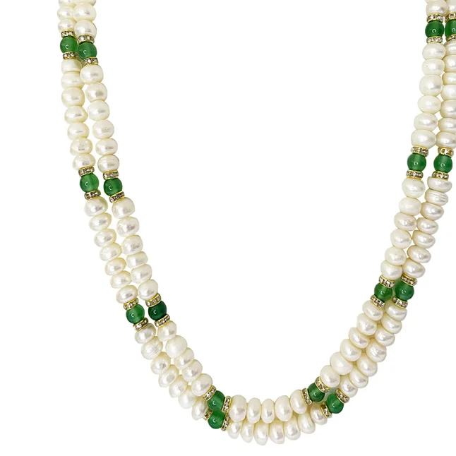 Mystic Harmony: Button Pearl, Green Onyx & Gold-Plated 2-Line Necklace (SN1096)