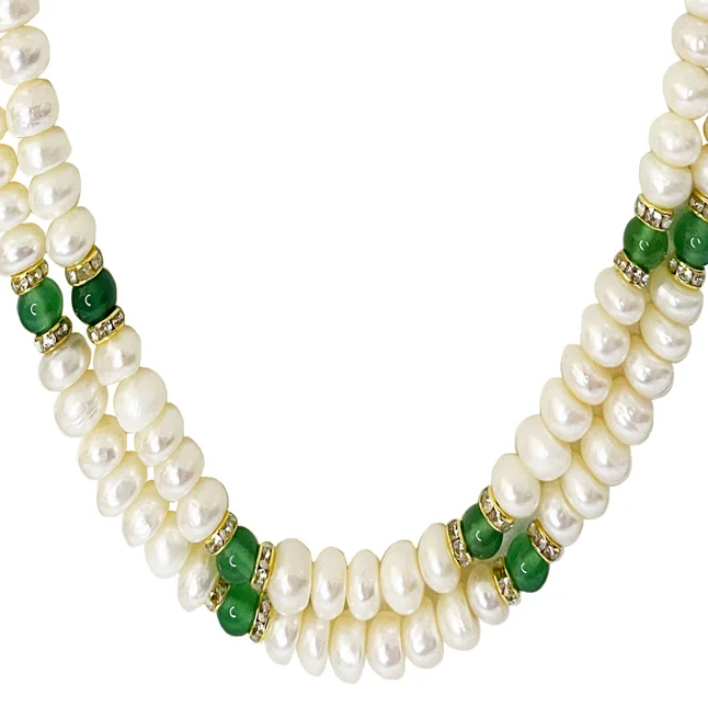 Mystic Harmony: Button Pearl, Green Onyx & Gold-Plated 2-Line Necklace (SN1096)