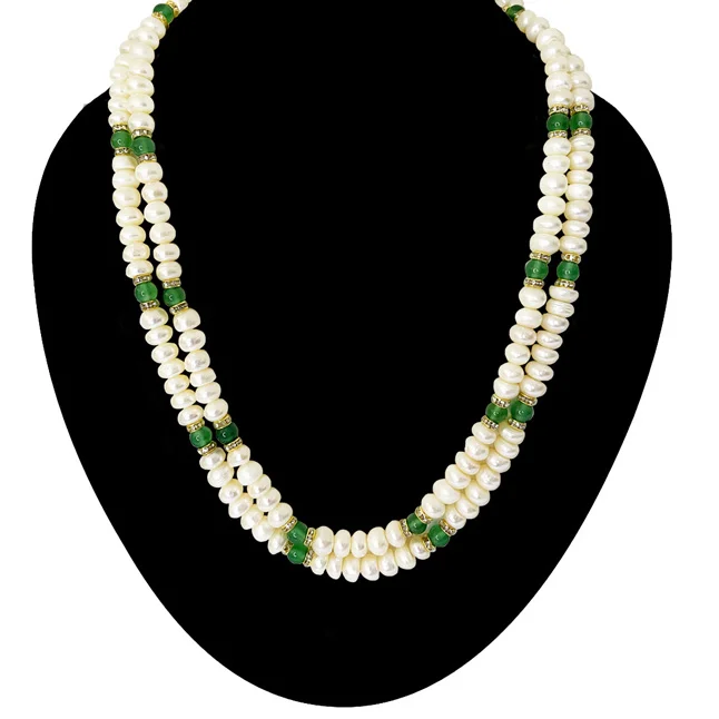 Mystic Harmony: Button Pearl, Green Onyx & Gold-Plated 2-Line Necklace (SN1096)