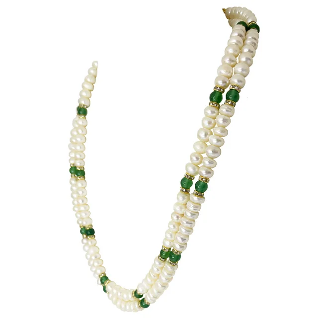 Mystic Harmony: Button Pearl, Green Onyx & Gold-Plated 2-Line Necklace (SN1096)