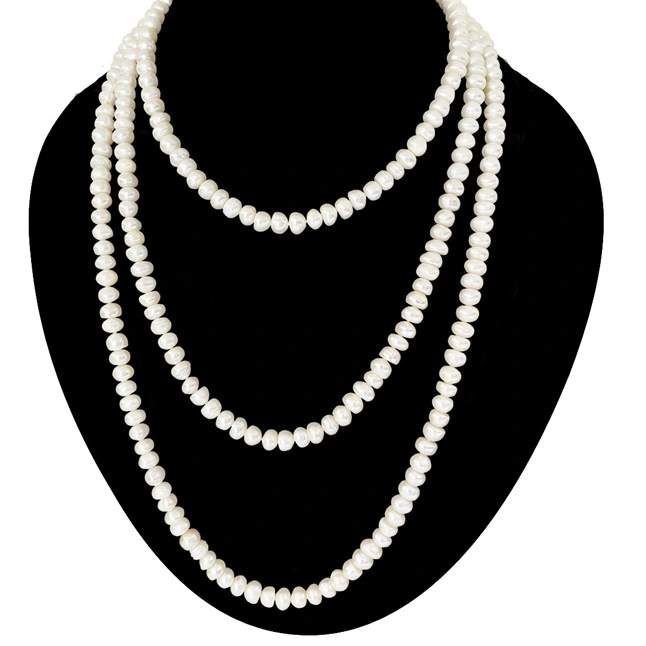 Triple Harmony: Freshwater Button Pearl 3-Line Necklace (SN1097)