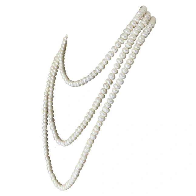 Triple Harmony: Freshwater Button Pearl 3-Line Necklace (SN1097)