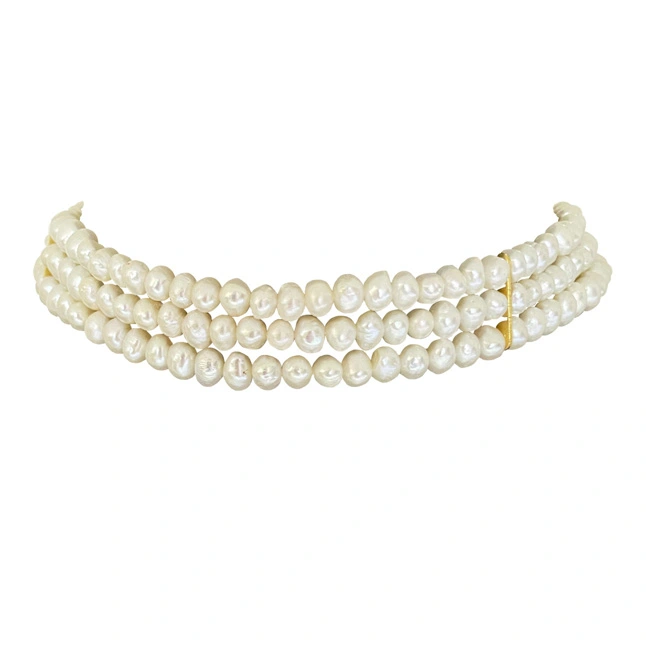 Pearl Bliss: Freshwater Button Pearl 3 Line Necklace (SN1098)