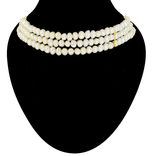 Pearl Bliss: Freshwater Button Pearl 3 Line Necklace (SN1098)