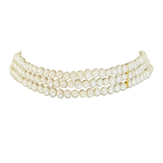 Pearl Bliss: Freshwater Button Pearl 3 Line Necklace (SN1098)