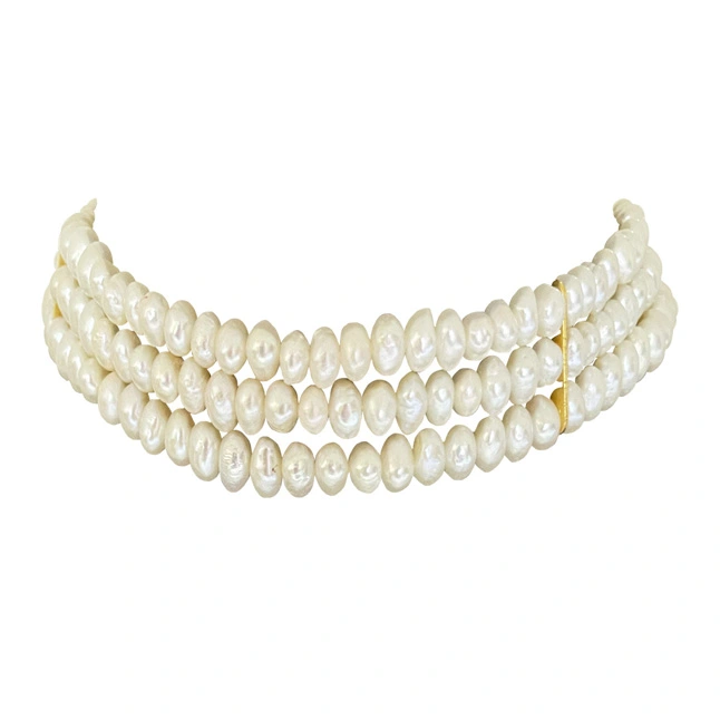 Pearl Bliss: Freshwater Button Pearl 3 Line Necklace (SN1098)