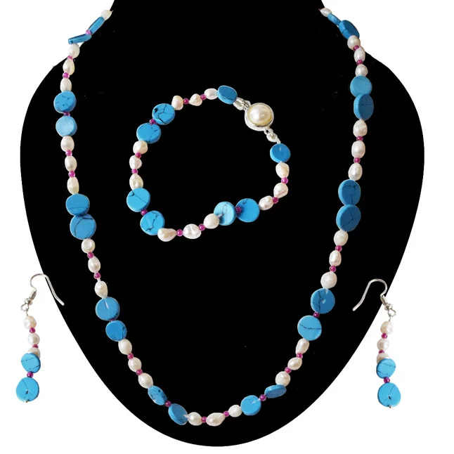 Enchanting Elegance: Exquisite Freshwater Pearl & Turquoise Jewelry Set (SN1099)