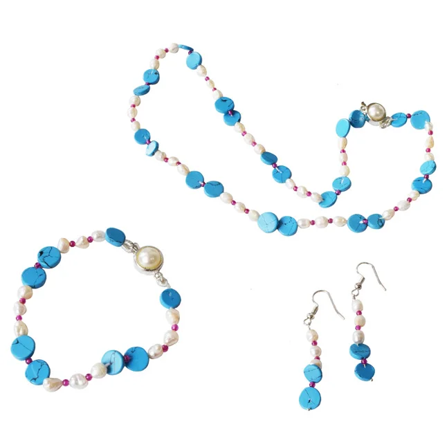 Enchanting Elegance: Exquisite Freshwater Pearl & Turquoise Jewelry Set (SN1099)