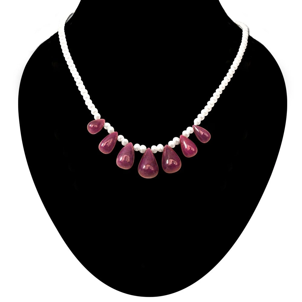 Bright Beauty - 7 Real Drop Ruby & Freshwater Pearl Necklace for Women (SN109)