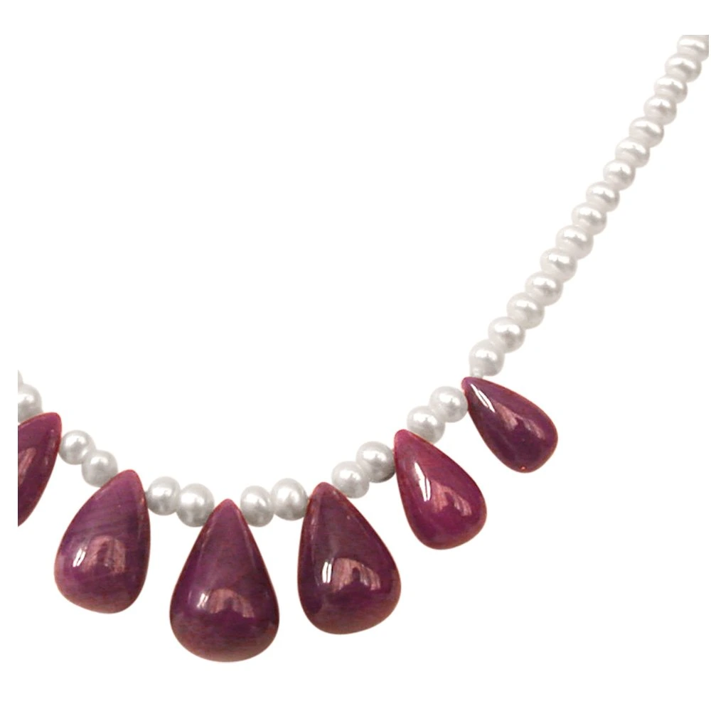 Bright Beauty - 7 Real Drop Ruby & Freshwater Pearl Necklace for Women (SN109)