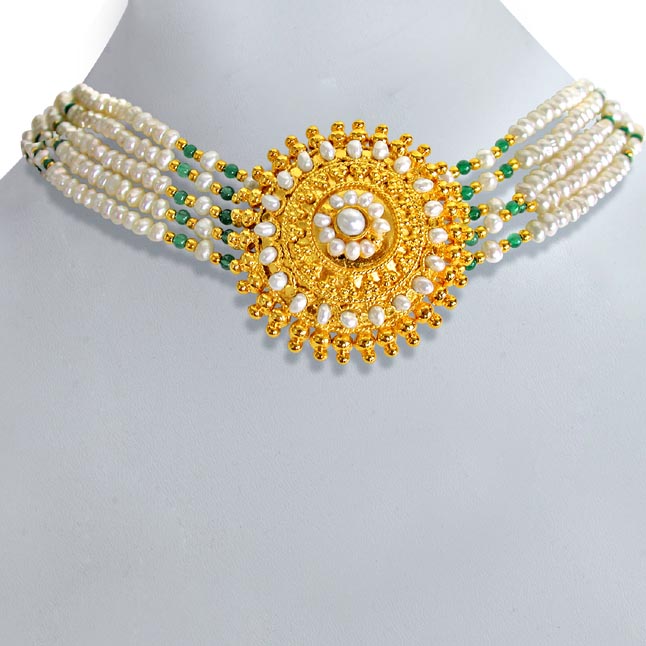 Joyance - Round Gold Plated Pendant, Real Freshwater Pearl & Green Onyx Beads Necklace for Women (SN10)