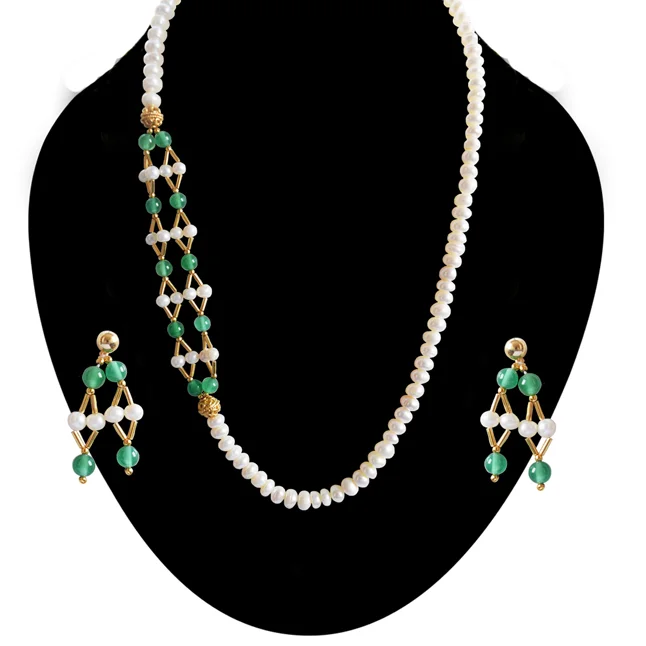 Elegance Meets Nature: Real Button Pearl & Green Onyx Beads Necklace Set