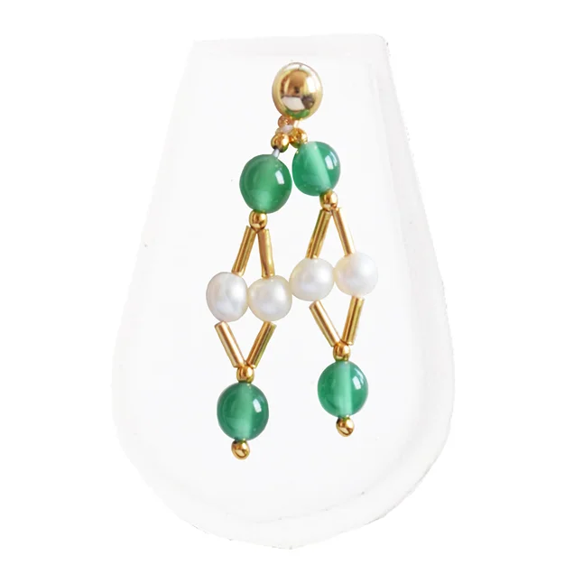 A Playful Twist of Elegance: Real Button Pearl & Green Onyx Earrings