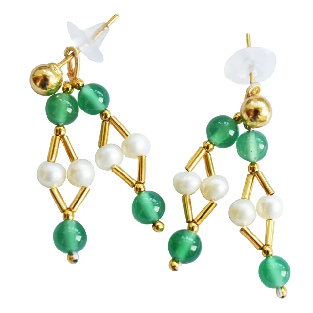 A Playful Twist of Elegance: Real Button Pearl & Green Onyx Earrings