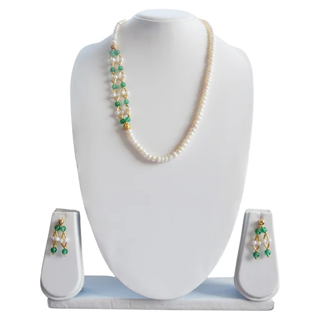 Elegance Meets Nature: Real Button Pearl & Green Onyx Beads Necklace Set