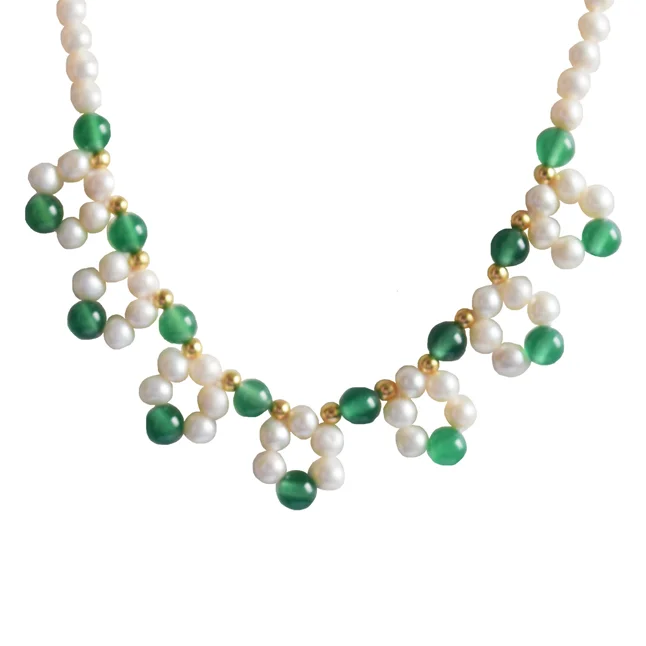 Embrace Natural Beauty: Real Freshwater Pearl & Green Onyx Beads Necklace
