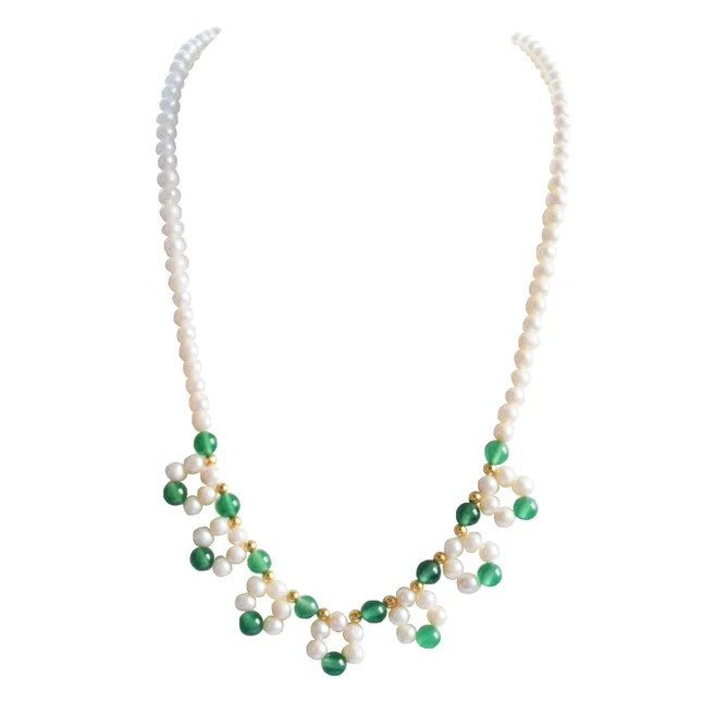 Embrace Natural Beauty: Real Freshwater Pearl & Green Onyx Beads Necklace