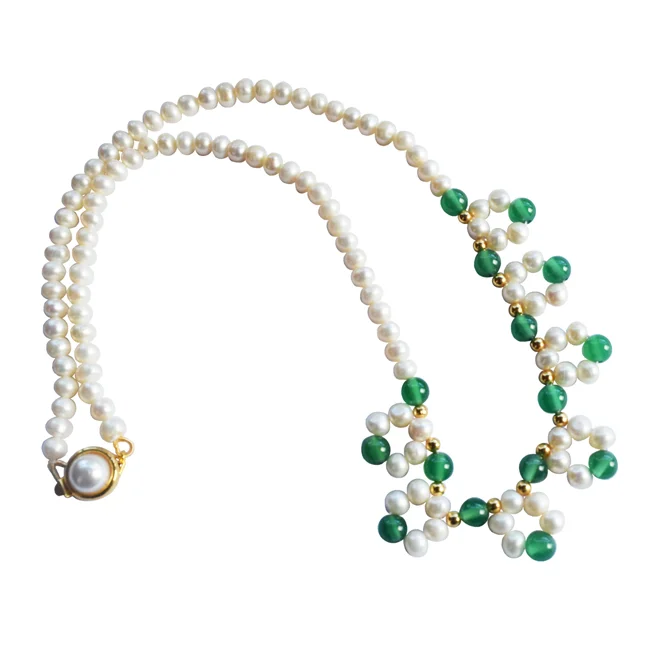 Embrace Natural Beauty: Real Freshwater Pearl & Green Onyx Beads Necklace