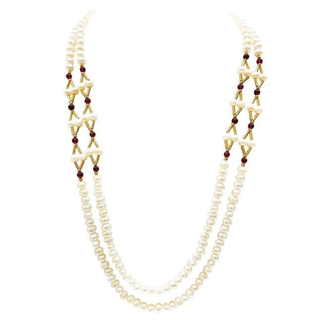 A Symphony of Elegance: Real Button Pearl & Red Garnet Beads Necklace