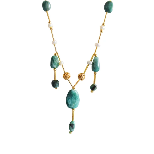 A Playful Fusion of Elegance: Real Freshwater Pearl, Oval Emerald & Gold-Plated Necklace