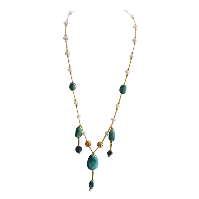 A Playful Fusion of Elegance: Real Freshwater Pearl, Oval Emerald & Gold-Plated Necklace
