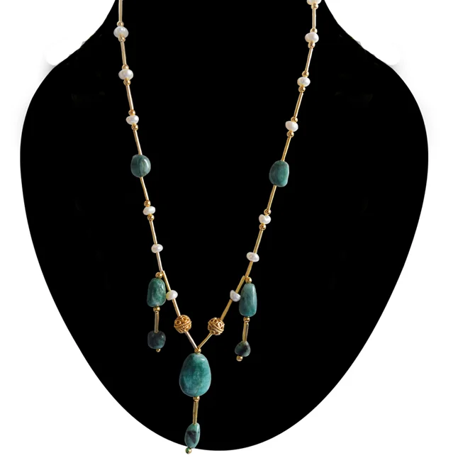 A Playful Fusion of Elegance: Real Freshwater Pearl, Oval Emerald & Gold-Plated Necklace